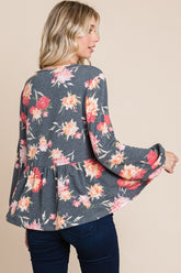 Elegant Floral Long Sleeve Babydoll Blouse - Women's Full Size Top by Super Lady